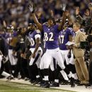 Baltimore Ravens wide receiver Torrey Smith (82) reacts after kicker Justin Tucker kicked a field goal in the second half of an NFL football game against the New England Patriots in Baltimore, Sunday, Sept. 23, 2012. New England won 31-30. (AP Photo/Patrick Semansky)