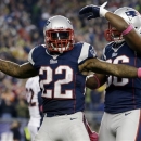 New England Patriots running back Stevan Ridley (22) celebrates his touchdown with tight end Daniel Fells (86) and wide receiver Wes Welker (83) in the third quarter of an NFL football game against the Denver Broncos, Sunday, Oct. 7, 2012, in Foxborough, Mass. (AP Photo/Elise Amendola)