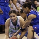 Notre Dame forward Natalie Achonwa ,left, tries to claim a rebound as Kansas guard Angel Goodrich (3) reaches in during the first half of a regional semi-final of the NCAA college basketball tournament Sunday March 31, 2013, in Norfolk, Va. (AP Photo/Steve Helber)