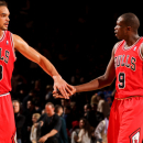 NEW YORK, NY - DECEMBER 21: Joakim Noah #13 and Luol Deng #9 of the Chicago Bulls celebrate while playing the New York Knicks on December 21, 2012 at Madison Square Garden in New York City.  (Photo by Nathaniel S. Butler/NBAE via Getty Images)