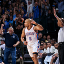 OKLAHOMA CITY, OK - APRIL 4: Derek Fisher #6 of the Oklahoma City Thunder celebrates after making a three-pointer against the San Antonio Spurs on April 4, 2013 at the Chesapeake Energy Arena in Oklahoma City, Oklahoma. (Photo by Layne Murdoch/NBAE via Getty Images)