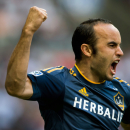 Los Angeles Galaxy's Landon Donovan celebrates after scoring a goal against the Vancouver Whitecaps during the first half of an MLS soccer game in Vancouver, British Columbia, Saturday, Aug. 24, 2013. (AP Photo/The Canadian Press, Darryl Dyck)