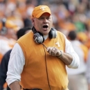 FILE - In this Nov. 8, 2008, file photo, Tennessee coach Phillip Fulmer yells to his team during the first half of an NCAA college football game against Wyoming in Knoxville, Tenn. The former Tennessee coach will serve as a consultant and special assistant to athletic director Richard Sander as East Tennessee State relaunches a football program it had shut down for financial reasons in 2003. (AP Photo/Wade Payne, File)