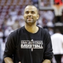 San Antonio Spurs guard Tony Parker, warms-up before the start of Game 1 of the NBA Finals basketball game against the Miami Heat, Thursday, June 6, 2013 in Miami. (AP Photo/Lynne Sladky)