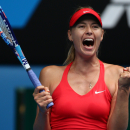 Maria Sharapova of Russia celebrates after defeating Eugenie Bouchard of Canada in their quarterfinal match at the Australian Open tennis championship in Melbourne, Australia, Tuesday, Jan. 27, 2015. (AP Photo/Rob Griffith)