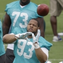 Miami Dolphins defensive tackle Ndamukong Suh catches a ball during an NFL organized team activities football practice, Tuesday, May 26, 2015, at the Dolphins training facility in Davie, Fla. (AP Photo/Wilfredo Lee)