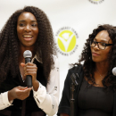 Tennis champions Venus Williams, left, and Serena Williams speak during a media availability at a renovation gala at the Southeast Tennis and Learning Center, Friday, Nov. 7, 2014, in Washington. (AP Photo/Alex Brandon)