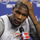 Oklahoma City Thunder small forward Kevin Durant answers a question during a news conference, Wednesday, June 20, 2012, in Miami. The Thunder play Game 5 against the Miami Heat on Thursday. (AP Photo/Alan Diaz)