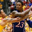 Iowa State guard Chris Babb (2) guards Kansas guard Ben McLemore (23) during the first half of an NCAA college basketball game, Monday, Feb. 25, 2013, in Ames, Iowa. (AP Photo/Justin Hayworth)