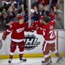 Detroit Red Wings forward Luke Glendening, left, and forward Tomas Tatar (21), of Slovakia, celebrate with forward Tomas Jurco (26), also of Slovakia, after Jurco's goal in the third period of an NHL hockey game against the Boston Bruins in Detroit, Mich., Wednesday, April 2, 2014. The Red Wings won 3-2. (AP Photo/Tony Ding)