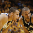 OAKLAND, CA - MAY 10: Stephen Curry #30 of the Golden State Warriors and Tony Parker #9 of the San Antonio Spurs in Game Three of the Western Conference Semifinals during the 2013 NBA Playoffs on May 10, 2013 at Oracle Arena in Oakland, California. (Photo by Rocky Widner/NBAE via Getty Images)