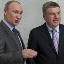 Russian President Vladimir Putin, left, and International Olympic Committee President Thomas Bach meet at the Bocharov Ruchei residence at the Black Sea resort of Sochi, southern Russia, Monday, Oct. 28, 2013. Making his first trip to Sochi since being elected head of the IOC last month, Bach met Monday with Russian President Vladimir Putin to inspect the host city. Bach told Putin he was deeply impressed with the amount of work Russia has done for the Feb. 7-23 games. (AP Photo/Alexander Zemlianichenko, Pool)
