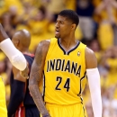 INDIANAPOLIS, IN - MAY 20: Paul George #24 of the Indiana Pacers reacts against the Miami Heat during Game Two of the Eastern Conference Finals of the 2014 NBA Playoffs at at Bankers Life Fieldhouse on May 20, 2014 in Indianapolis, Indiana. (Photo by Andy Lyons/Getty Images)