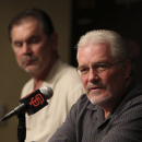 San Francisco Giants general manager Brian Sabean, right, and manager Bruce Bochy field questions from the media during a news conference Thursday, Sept. 29, 2011, in San Francisco. The reigning World Series champions are headed home early this year after high hopes of another special postseason run.(AP Photo/Ben Margot)