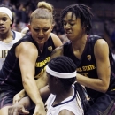California's Talia Caldwell, front, struggles for the ball Arizona State's Haley Videckis, left, and Nisha Barrett during the first half of an NCAA college basketball game in Berkeley, Calif., Friday, Feb. 8, 2013. (AP Photo/George Nikitin)