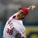 Los Angeles Angels starting pitcher Jered Weaver throws to the plate during the first inning of their baseball game against the Los Angeles Dodgers, Wednesday, May 29, 2013, in Anaheim, Calif. (AP Photo/Mark J. Terrill)