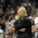 Saint Mary's head coach Randy Bennett appears concerned during the game against Gonzaga, in the first half of an NCAA college basketball game, Thursday, Jan. 10, 2013, in Spokane, Wash. (AP Photo/Jed Conklin)