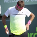 Juan Martin del Potro, of Argentina, reacts after losing a point against Vasek Pospisil, of Canada, during their match at the Miami Open tennis tournament in Key Biscayne, Fla., Thursday, March 26, 2015. (AP Photo/J Pat Carter)