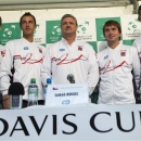 Czech Republic's Davis Cup Team, from left, Tomas Berdych, Lukas Rosol, Captain of the team Jaroslav Navratil, Ivo Minar and Jiri Vesely, pose for photographers after a press conference prior to Davis Cup World Group first round match between Switzerland and Czech Republic, in Geneva, Switzerland, Tuesday, Jan. 29, 2013. The Davis Cup first round Switzerland against Czech Republic will take place from Feb.y 1 to Feb. 3. (AP Photo/Keystone, Salvatore Di Nolfi)