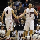 Davidson's JP Kuhlman (5) celebrates with teammate Tyler Kalinoski (4) after scoring against College of Charleston in the first half of an NCAA basketball game during the Southern Conference tournament on Monday, March 11, 2013 in Asheville, N.C. (AP Photo/Rainier Ehrhardt)