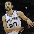 San Antonio Spurs shooting guard Manu Ginobili (20), of Argentina, gestures between plays against the Oklahoma City Thunder during the first half of Game 2 in their NBA basketball Western Conference finals playoff series, Tuesday, May 29, 2012, in San Antonio. (AP Photo/Darren Abate)