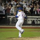 New York Mets starting pitcher Johan Santana (57) celebrates his no-hitter against the St. Louis Cardinals at the end of a baseball game on Friday, June 1, 2012, at Citi Field in New York. The Mets won 8-0. (AP Photo/Kathy Kmonicek)