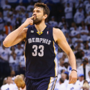 OKLAHOMA CITY, OK - MAY 15:  Marc Gasol #33 of the Memphis Grizzlies celebrates a basket in the final minutes of play against the Oklahoma City Thunder during Game Five of the Western Conference Semifinals of the 2013 NBA Playoffs at Chesapeake Energy Arena on May 15, 2013 in Oklahoma City, Oklahoma.  The Grizzlies defeated the Thunder 88-84 to win the series 4-1 and advance to the Western Conference Finals.  (Photo by Ronald Martinez/Getty Images)