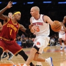 New York Knicks' Jason Kidd, right, drives to the basket as Cleveland Cavaliers' Daniel Gibson defends during the second  quarter of an NBA basketball game on Saturday, Dec. 15, 2012, at Madison Square Garden in New York. (AP Photo/Bill Kostroun)