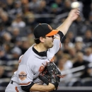 Baltimore Orioles' Joe Saunders delivers a pitch during the first inning of Game 4 of the American League division baseball series against the New York Yankees, Thursday, Oct. 11, 2012, in New York. (AP Photo/Bill Kostroun)