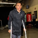 OKLAHOMA CITY, OK - MAY 5: Russell Westbrook #0 of the Oklahoma City Thunder, on crutches due to an injury, arrives before his team played the Memphis Grizzlies in Game One of the Western Conference Semifinals during the 2013 NBA Playoffs on May 5, 2013 at the Chesapeake Energy Arena in Oklahoma City, Oklahoma. (Photo by Joe Murphy/NBAE via Getty Images)