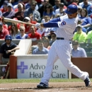 Chicago Cubs' Anthony Rizzo hits an RBI double off St. Louis Cardinals starting pitcher Jake Westbrook, scoring Luis Valbuena, during the first inning of a baseball game, Wednesday, May 8, 2013, in Chicago. (AP Photo/Charles Rex Arbogast)