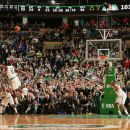 BOSTON, MA - MARCH 18: LeBron James #6 of the Miami Heat makes a go-ahead shot late in the fourth quarter against Jeff Green #8 of the Boston Celtics on March 18, 2013 at TD Garden in Boston, Massachusetts.  (Photo by Nathaniel S. Butler/NBAE via Getty Images)