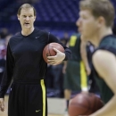Oregon head coach Dana Altman directs his team during practice for a regional semifinal game in the NCAA college basketball tournament Thursday, March 28, 2013, in Indianapolis. Oregon plays Louisville on Friday. (AP Photo/Darron Cummings)