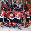 The Chicago Blackhawks celebrate after Brent Seabrook scored in overtime in Game 7 of the NHL hockey Stanley Cup Western Conference semifinals against the Detroit Red Wings, Wednesday, May 29, 2013, in Chicago. The Blackhawks won 2-1. (AP Photo/Nam Y. Huh)