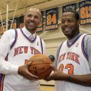 Jason Kidd, left, and Marcus Camby pose for a photograph following a news conference to introduce the New York Knicks newest additions at the team's NBA basketball training facility in Tarrytown, N.Y., Thursday, July 12, 2012.  This is Camby's second stint as a member of the Knicks. (AP Photo/Kathy Willens)