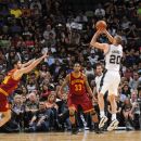 SAN ANTONIO, TX - APRIL 22:  Manu Ginobili #20 of the San Antonio Spurs goes for a jump shot against the Cleveland Cavaliers at the AT&T Center on April 22, 2012 in San Antonio, Texas