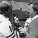 FILE - In this Jan. 23, 1979 file photo, Pittsburgh Steelers quarterback Terry Bradshaw, left, talks with New England Patriots coach Chuck Fairbanks prior to the Pro Bowl football game in Los Angeles. Fairbanks, who coached Heisman Trophy winner Steve Owens at Oklahoma and spent six seasons as coach of the New England Patriots, died Tuesday, April 2, 2013, in Scottsdale, Ariz., after battling brain cancer, the University of Oklahoma said in a news release. He was 79. (AP Photo/Wally Fong, File)