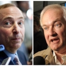 This photo combo shows NHL Commissioner Gary Bettman, left, talking to the media in Toronto, on Thursday, Aug. 23, 2012, and at right is Donald Fehr, executive director of the NHL Players' Association, speaking to the media, Friday, Nov. 9, 2012, in New York. The NHL and the players' association said they reached a tentative agreement early Sunday, Jan. 6, 2013, in New York, to end a nearly four-month-old lockout that threatened to wipe out the season. (AP Photo)