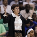 Notre Dame coach Muffet McGraw questions a call during the first half against Duke in the regional final game of the NCAA women's college basketball tournament Tuesday, April 2, 2013, in Norfolk, Va. (AP Photo/Steve Helber)