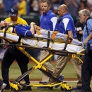 Toronto Blue Jays starting pitcher J.A. Happ is taken off the field on a stretcher after being hit with a line drive off the bat of Tampa Bay Rays' Desmond Jennings during the second inning of a baseball game Tuesday, May 7, 2013, in St. Petersburg, Fla. (AP Photo/Mike Carlson)