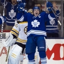 Toronto Maple Leafs defenceman Dion Phaneuf celebrates after scoring on Boston Bruins  goalie Tuuka Rask during third period first round NHL playoff action in Toronto on Sunday May 12, 2013. (AP Photo/The Canadian Press, Frank Gunn)