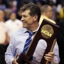 Connecticut head coach Geno Auriemma smiles after beating Kentucky in the women's NCAA regional final basketball game in Bridgeport, Conn., Monday, April 1, 2013. Connecticut won 83-53 and advances to the Final Four. (AP Photo/Charles Krupa)