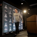 Baltimore Ravens head coach John Harbaugh walks off stage after speaking at an NFL Super Bowl XLVII football news conference on Wednesday, Jan. 30, 2013, in New Orleans. The Ravens face the San Francisco 49ers in Super Bowl XLVII on Sunday, Feb. 3. (AP Photo/Patrick Semansky)
