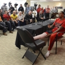 Louisville basketball player Kevin Ware answers questions during a press conference, Wednesday April 3, 2013, at the KFC Yum! Center practice facility in Louisville, Ky. Ware was released from an Indianapolis hospital Tuesday, two days after millions watched him break his right leg on a horrifying play trying to block a shot during an NCAA college basketball regional championship game against Duke. (AP Photo/Timothy D. Easley)
