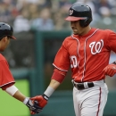 Washington Nationals' Ian Desmond, right, is congratulated by Kurt Suzuki after Desmond hit a solo home run off Cleveland Indians starting pitcher Scott Kazmir in the second inning of a baseball game, Saturday, June 15, 2013, in Cleveland. (AP Photo/Tony Dejak)