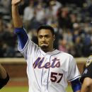 New York Mets starting pitcher Johan Santana (57) waves to fans after throwing a no-hitter against the St. Louis Cardinals in a baseball game on Friday, June 1, 2012, at Citi Field in New York. The Mets won 8-0. (AP Photo/Kathy Kmonicek)