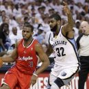 Los Angeles Clippers guard Chris Paul (3) drives past Memphis Grizzlies guard O. J. Mayo (32) in the first half of Game 5 of a first-round NBA basketball playoff series, Wednesday, May 9, 2012, in Memphis, Tenn. (AP Photo/Mark Humphrey)
