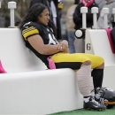 Pittsburgh Steelers strong safety Troy Polamalu (43) sits on the bench after getting his leg wrapped in the second quarter of an NFL football game against the Philadelphia Eagles in Pittsburgh, Sunday, Oct. 7, 2012. (AP Photo/Gene J. Puskar)