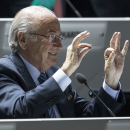FIFA president Joseph S. Blatter makes a gesture during the 65th FIFA Congress held at the Hallenstadion in Zurich, Switzerland, Friday, May 29, 2015 where he runs for re-election as FIFA head. (Patrick B. Kraemer/Keystone via AP)