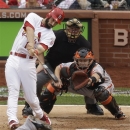 St. Louis Cardinals' Matt Carpenter (13) hits a two-run home run during the third inning of Game 3 of baseball's National League championship series against the San Francisco Giants, Wednesday, Oct. 17, 2012, in St. Louis. (AP Photo/Mark Humphrey)